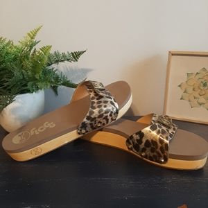 Flogg, Wooden Bottom sandals, Animal Print with Buckle, Size 7.5